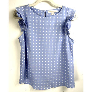 Monteau Preppy Coquette Blue & White Polka Dot Pleat Ruffle Trim Sleeveless Top